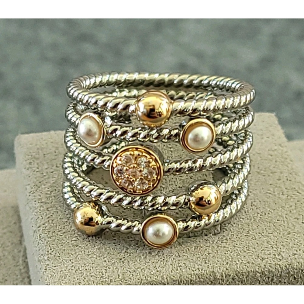 Vintage Multi Strand Silver Tone Pearl Rhinestone Statement Ring Size 8